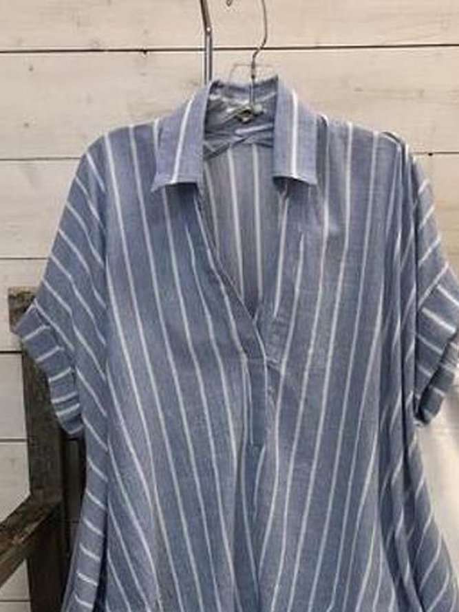 Striped  Short Sleeve  Tassel  Polyester  Shirt Collar Casual  Summer  Blue Top