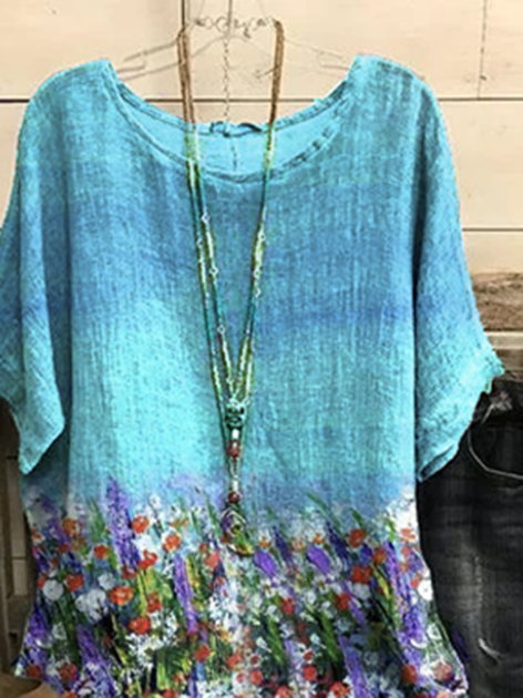 Vintage Short Sleeve Cotton-Blend Floral Weaving Dress