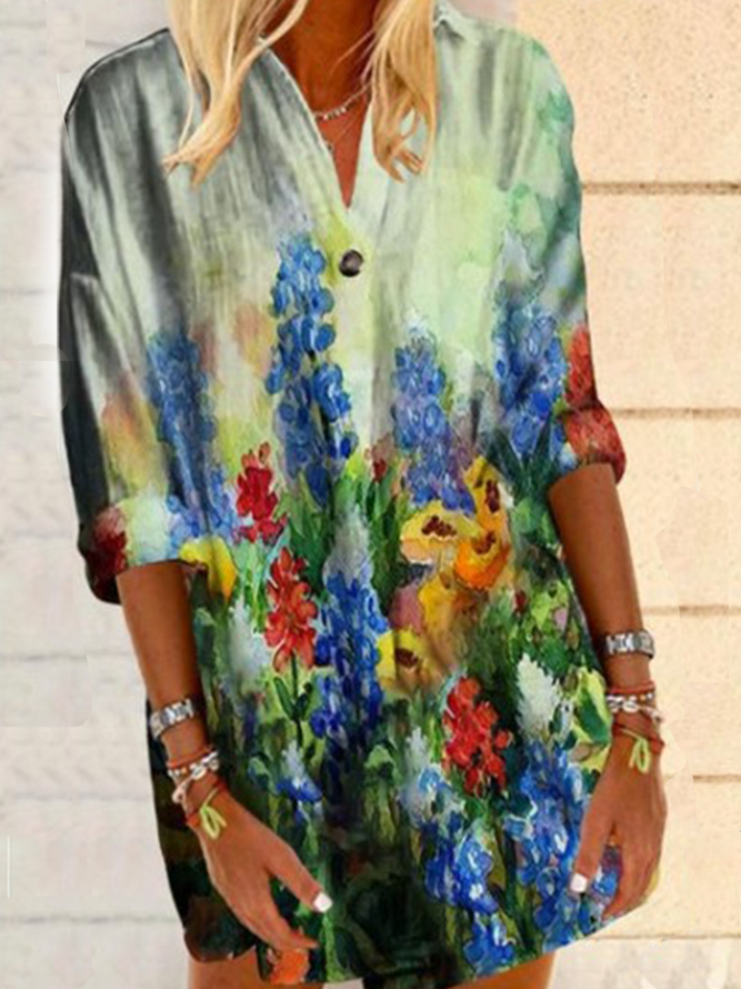 Floral Long Sleeve Floral-Print Shirt Collar Blouse