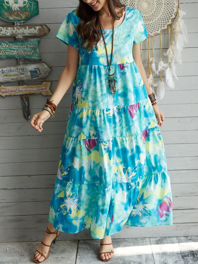 Floral Short Sleeve A-Line Casual Dress