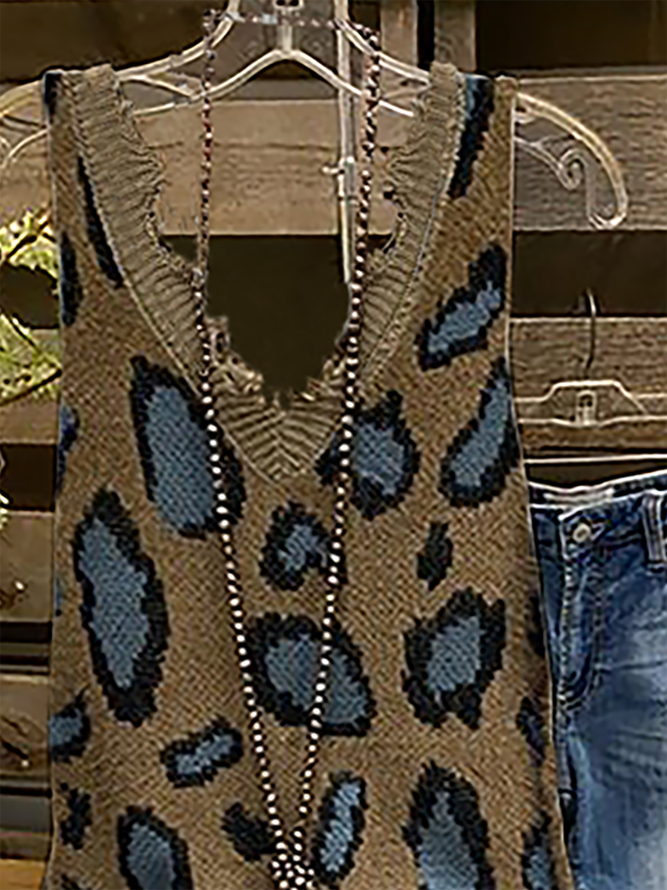 Plus size Leopard Sleeveless Knitted Shirts & Tops