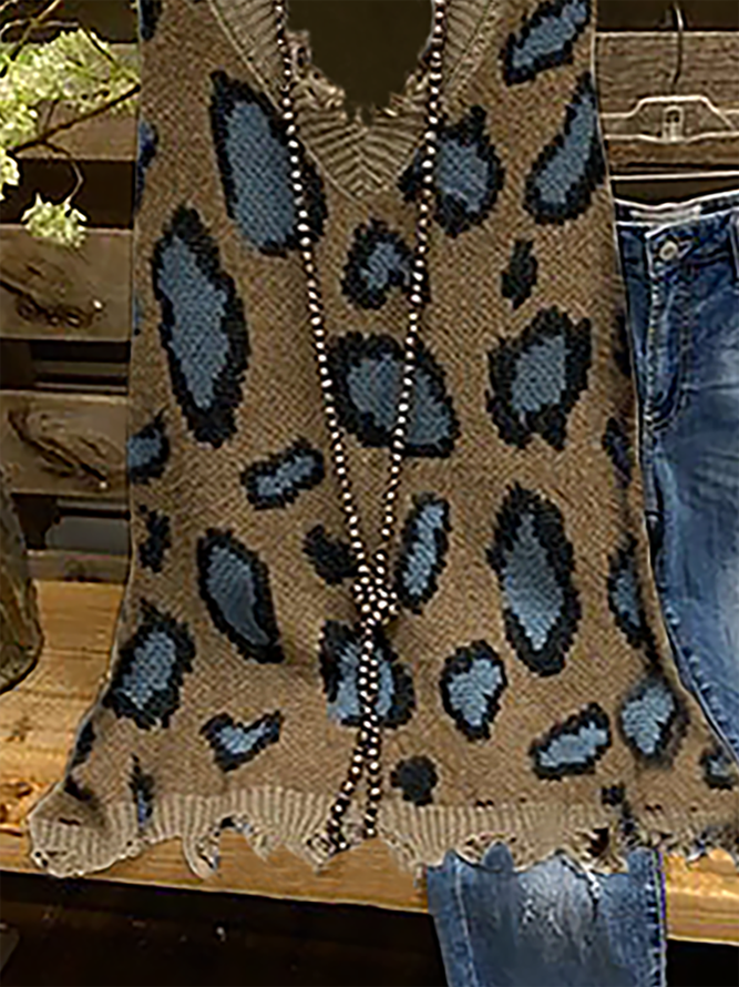 Plus size Leopard Sleeveless Knitted Shirts & Tops