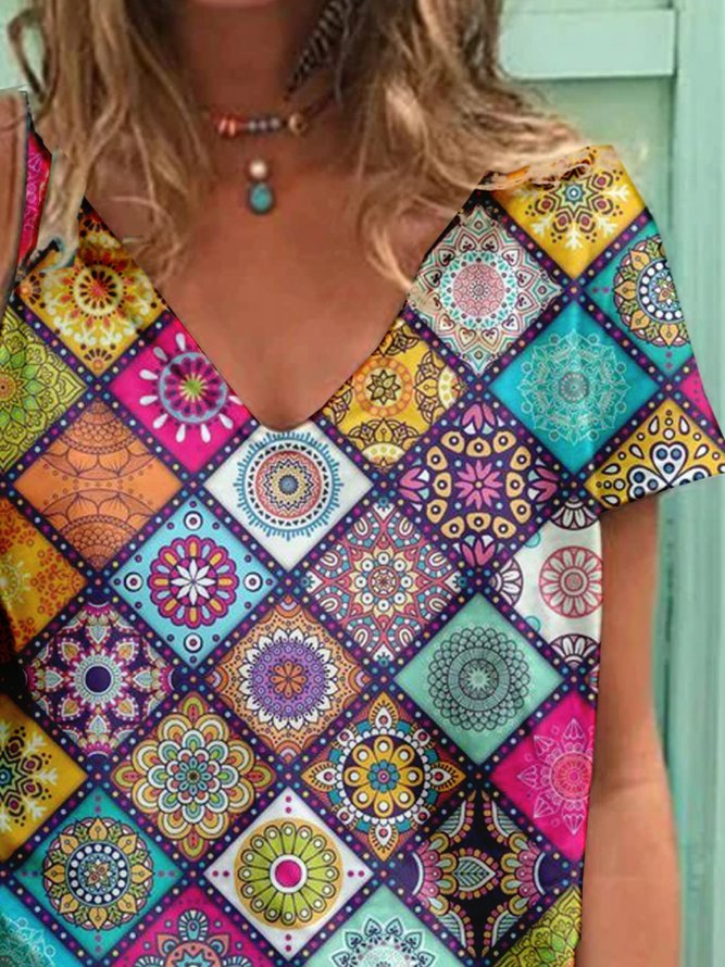 Paisley  Short Sleeve  Printed  Cotton-blend   V neck Casual  Summer  Multicolor Top