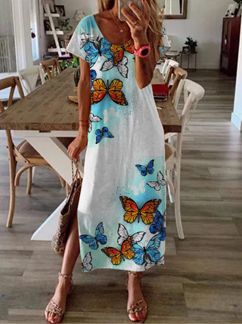 Crew Neck Short Sleeve Butterfly Holiday Knitting Dress