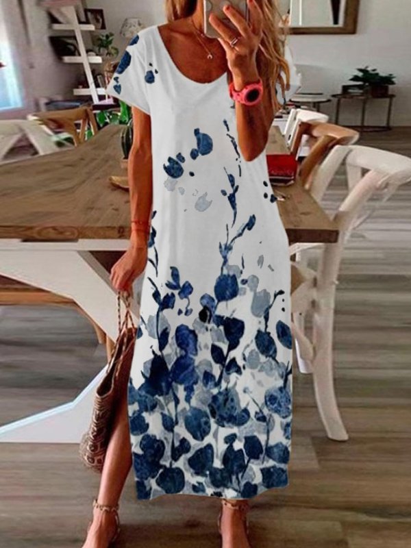 Printed Scoop Neckline Ombre/tie-Dye Short Sleeve Casual Holiday Dresses
