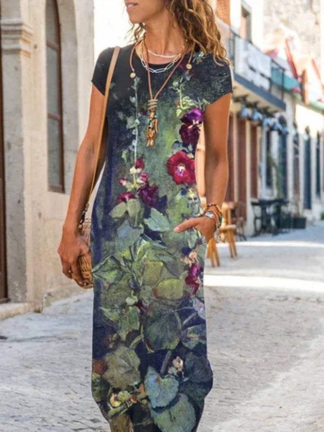 Crew Neck Vacation Fit Jersey Floral Dress