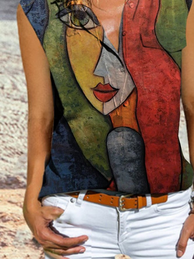 People  Sleeveless  Printed  Polyester  Shirt Collar  Vintage  Summer  Multicolor Top