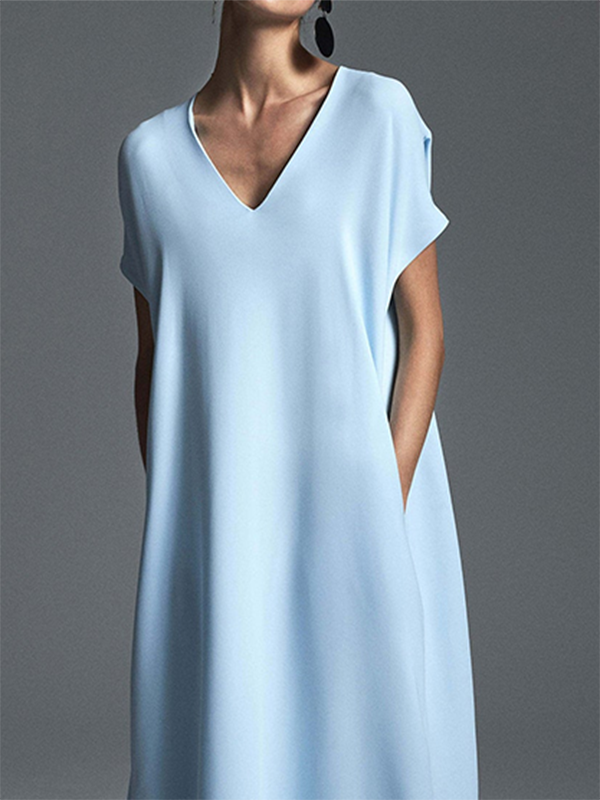 Solid V Neck Cotton-Blend Casual Short Sleeve Weaving Dress