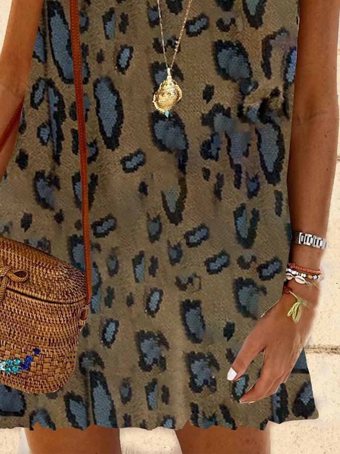 New Women Chic Plus Size Vintage Holiday Boho Leopard Spaghetti-Strap V Neck Vintage Knitting Dress