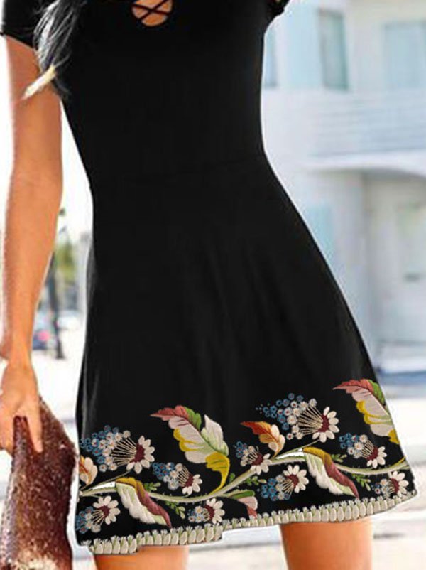 V Neck Cotton-Blend Short Sleeve Floral-print Knitting Dress