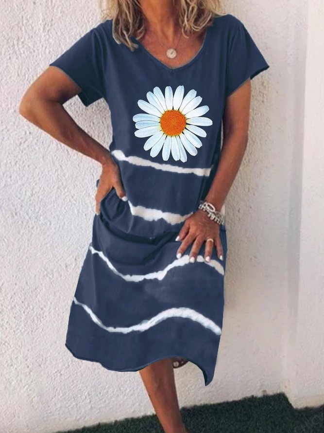 Short Sleeve Casual Shift Floral Knitting Dress