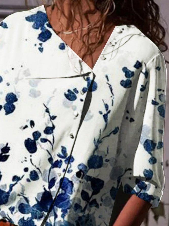 Floral  Half Sleeve  Printed  Polyester  Shawl Collar Casual  Summer  Blue Shirt