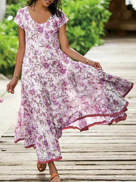 Floral A-Line Short Sleeve Weaving Dress