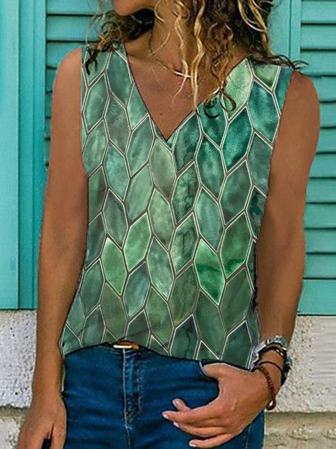 Geometric  Sleeveless  Printed  Cotton-blend  V neck  Vintage  Summer  Green Top