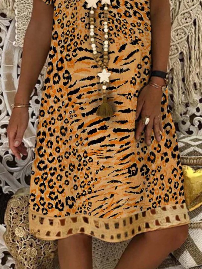 Leopard  Short Sleeve  Printed  Polyester  V neck  Vintage  Summer  Orange Dress