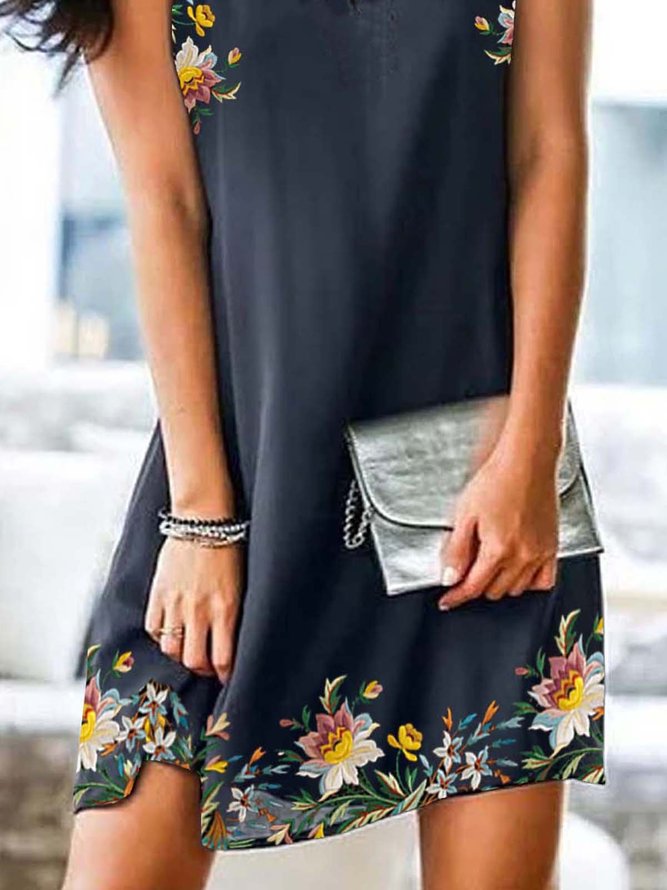Off-Shoulder Floral  Sleeveless Printed  Polyester  Halter  Vintage  Summer  Black Dress