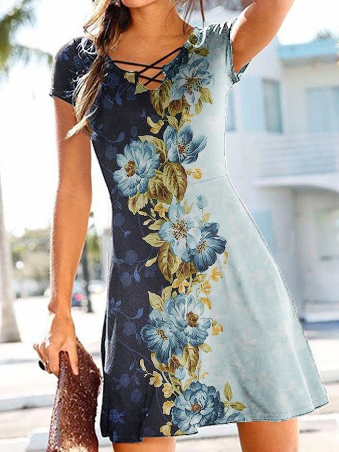 A-Line Floral Color-Block Short Sleeve Knitting Dress