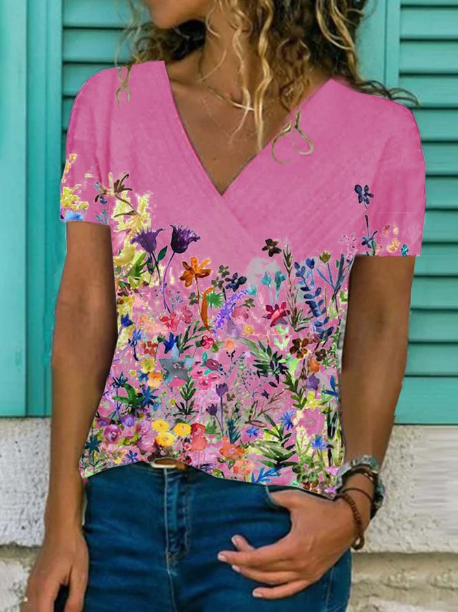 Floral Short Sleeve Printed Cotton-blend V neck Casual Summer Pink Top ...