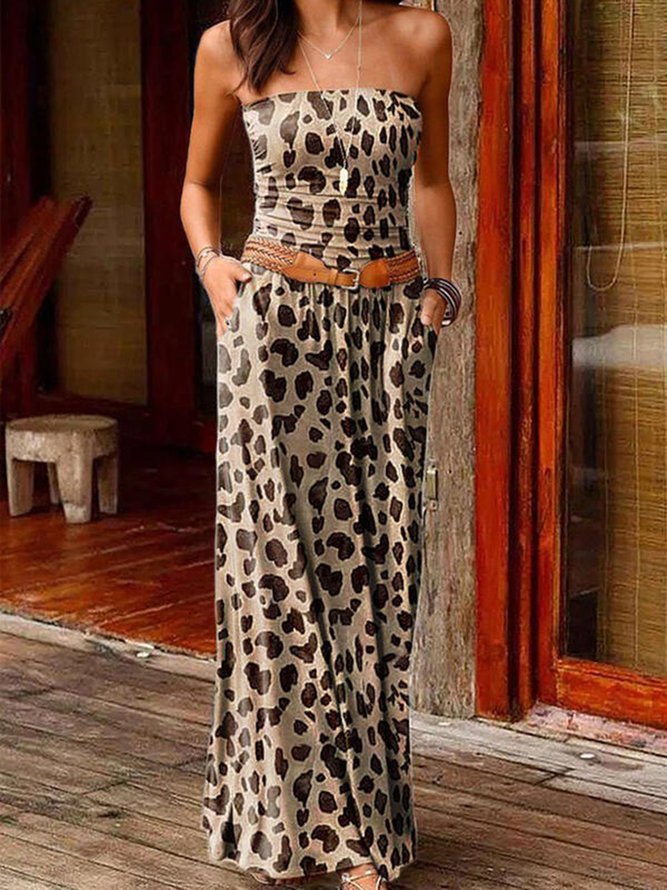 Leopard Printed Strapless Beach Holiday Boho Swing Knitting Dress