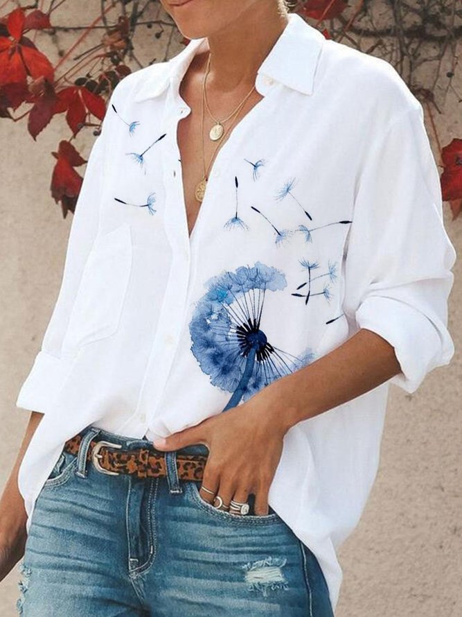 Long Sleeve Plants Cotton-Blend Shirt Collar Tunic Blouse