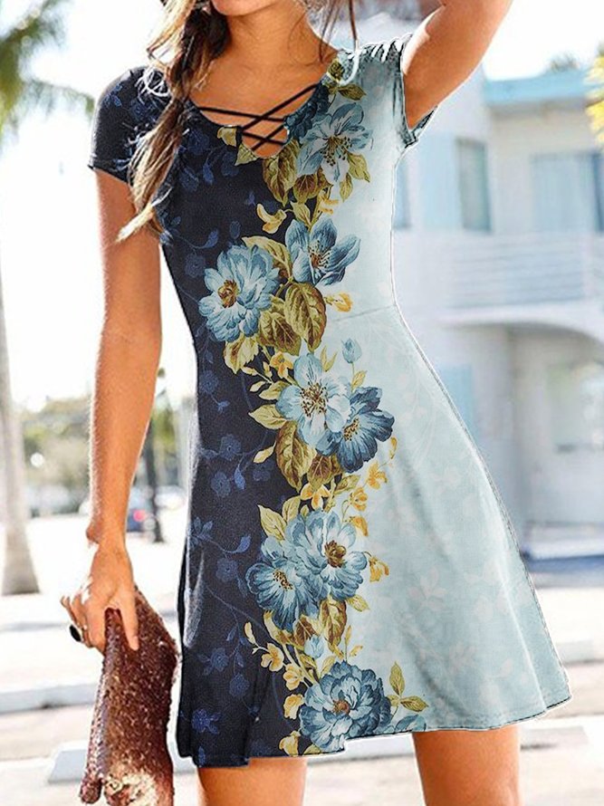 A-Line Floral Color-Block Short Sleeve Knitting Dress