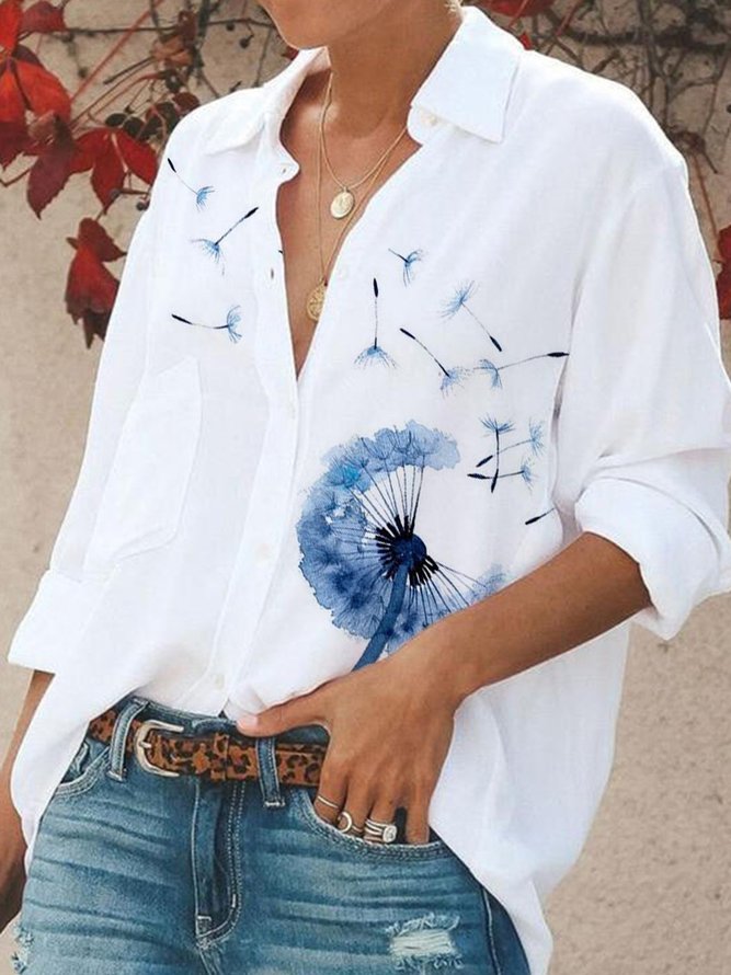 Long Sleeve Plants Cotton-Blend Shirt Collar Tunic Blouse