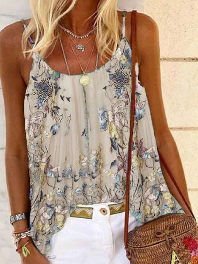 Vintage Crew Neck Sleeveless Printed Shirts & Tops Clothing Cotton