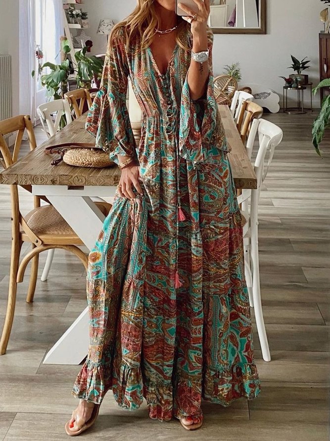 New Women Chic Plus Size Vintage Boho Hippie Shift Holiday Floral 3/4 Sleeve Weaving Dress