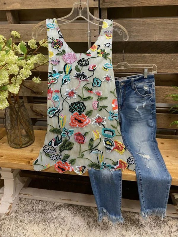 Crew Neck Casual Floral-Print Sleeveless Shirts & Tops