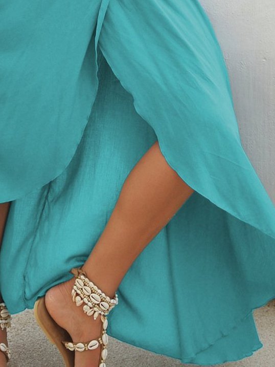 Short Sleeve Plain Cotton-Blend Boho Weaving Dress