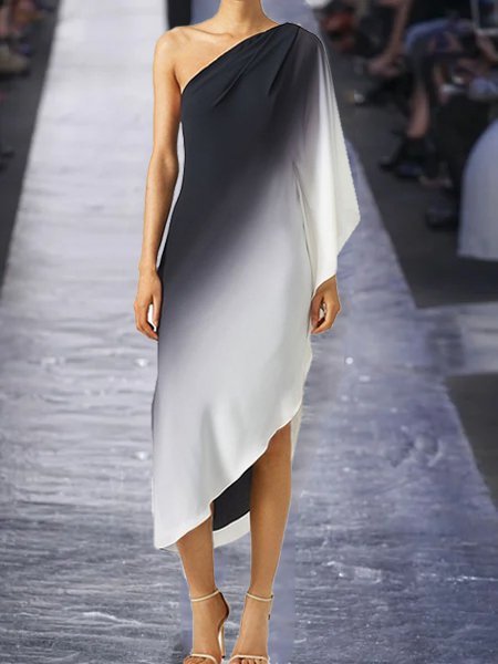 Color-block Long Sleeve One Shoulder Casual Weaving Dress
