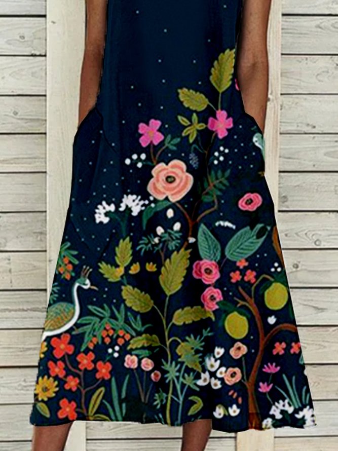 Floral  Sleeveless  Printed  Polyester  Crew Neck  Casual  Summer  Navy Blue Dress