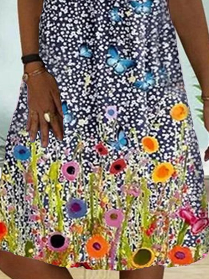 Plus Size Vintage Boho Holiday Floral Sleeveless Casual Holiday Weaving Dress
