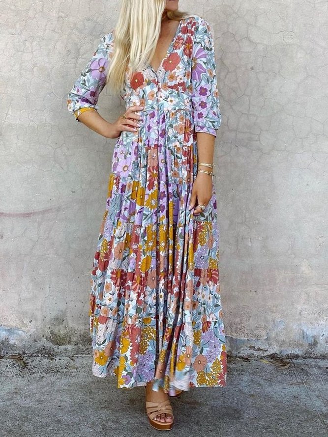 Plus Size Vintage Holiday Hippie Floral Boho V Neck Casual Weaving ...