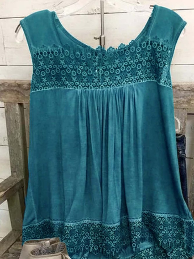 Geometric Sleeveless  Printed Cotton-blend Square neck  Vintage  Summer  Blue Tunic Top