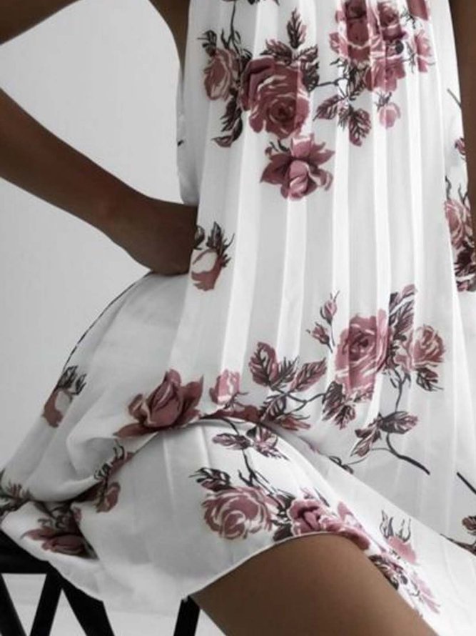 Floral Sleeveless  Printed Polyester  Halter Off Shoulder Cold Shoulder Sexy  Summer  White Dress