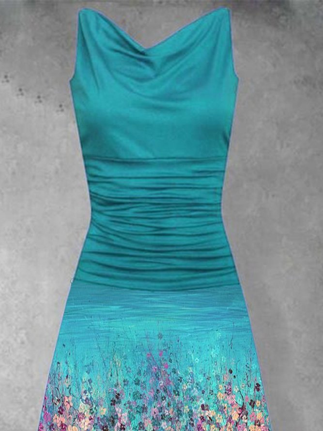 Blue Floral Printed Cowl Neck Daily Casual Sleeveless Weaving Dress