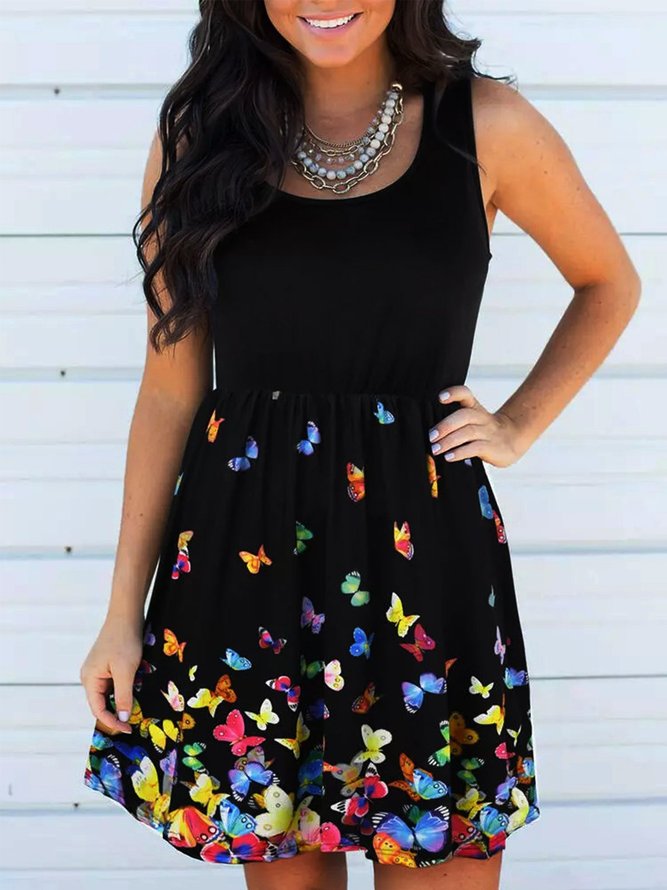 Vintage Butterflies Printed Statement Plus Size Sleeveless Crew Neck Casual Knitting Dress