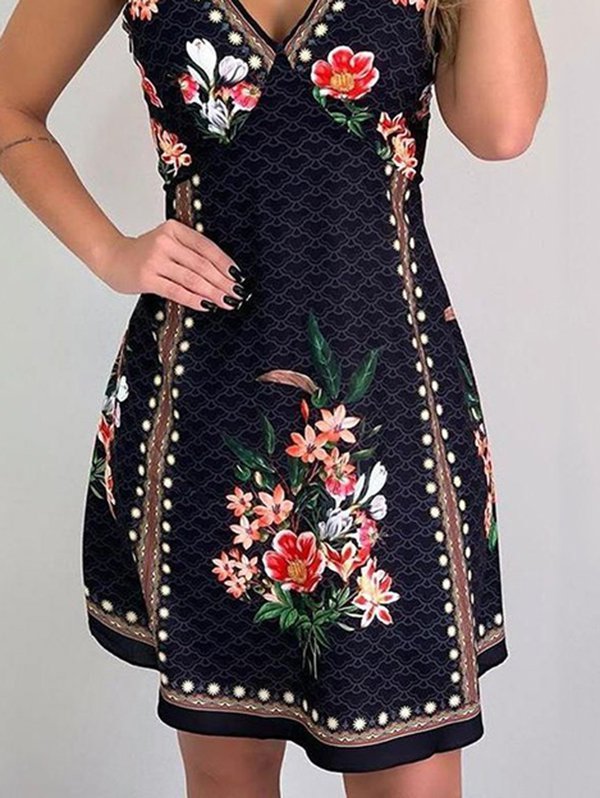 Floral-print Casual Cotton-Blend Spaghetti Knitting Dress