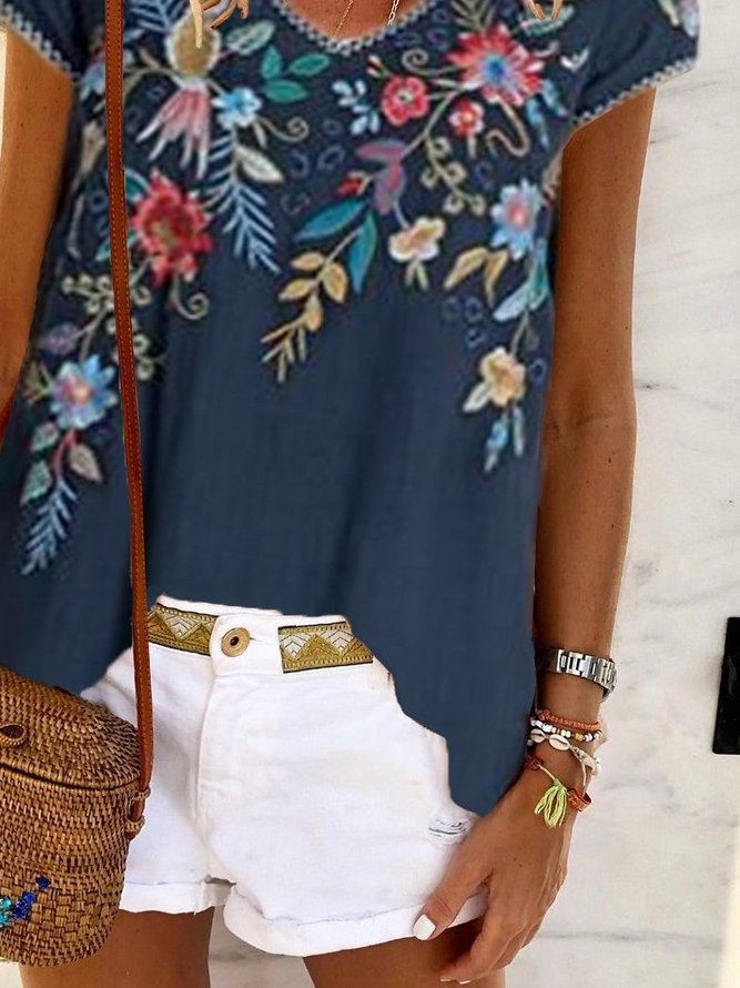 Boho Cotton Short Sleeve Embroidered Tops