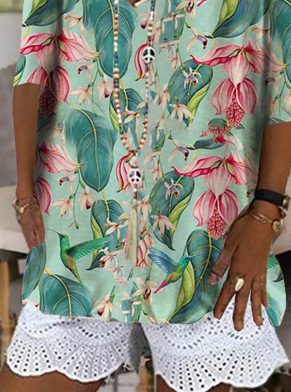 Floral  Short Sleeve  Printed Cotton-blend  V neck  Casual  Summer  Green Top