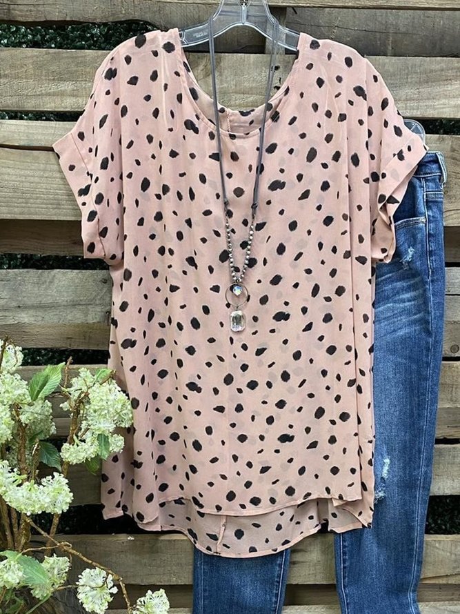 Vintage Dots Printed Plus Size Short Sleeves Crew Neck Casual Tops