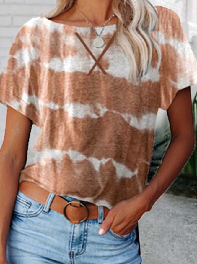 Ombre/Tie-Dye  Short Sleeve  Printed  Cotton-blend  Crew Neck  Casual  Summer  Brown Top