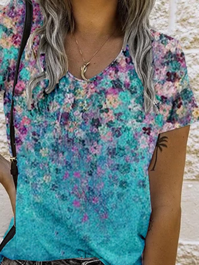Floral-Print Short Sleeve Crew Neck Holiday T-shirt