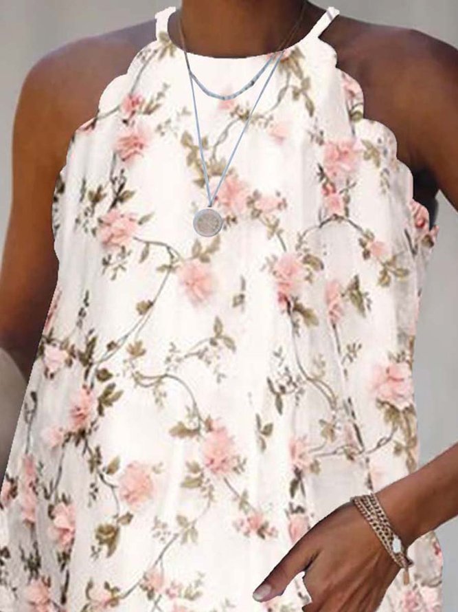 Floral  Sleeveless  Printed  Polyester  HalterOff Shoulder Cold Shoulder  Sexy  Summer  Beige Tunic Top