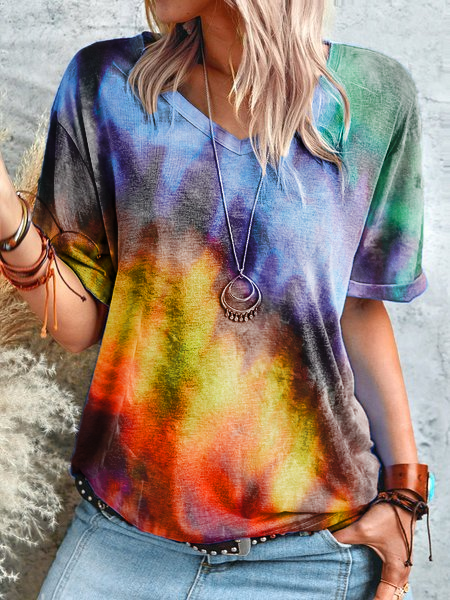 Casual Short Sleeve Ombre/tie-Dye T-shirt