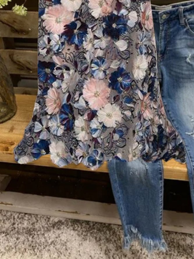 Floral  Sleeveless  Printed Cotton-blend  Crew Neck Elegant  Summer Multicolor Top
