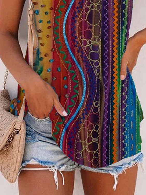 Geometric  Sleeveless  Printed  Cotton-blend Crew Neck  Vintage  Summer  Multicolor Tunic Top