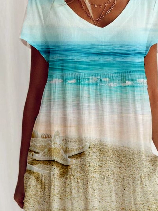 Blue Printed Beach Holiday V Neck Short Sleeve A-line Knitting Dress