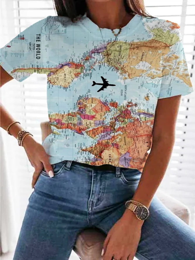 Map Of World Printed Short Sleeve Shift Casual Shirts And Tops Clothing Shift Cotton Blend 0192